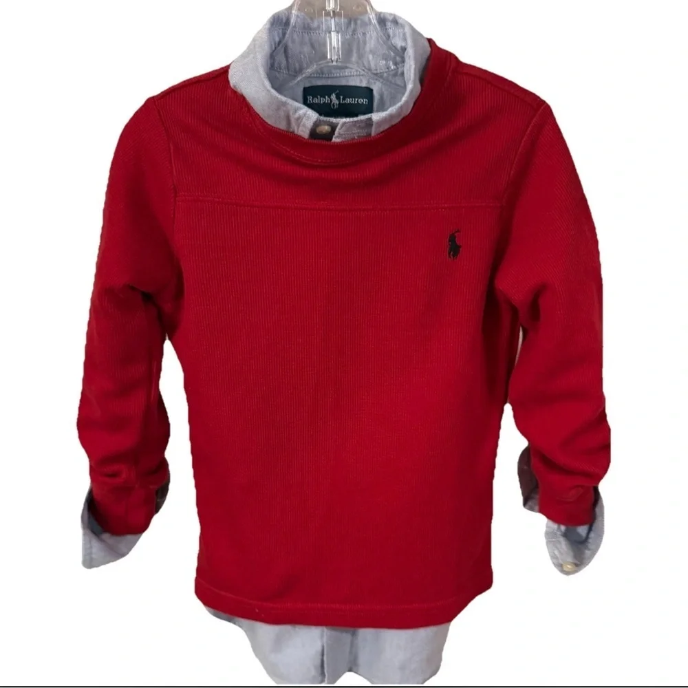 Ralph Lauren Boys 2 Pcs Set Blue Oxford Shirt & Red Ribbed Pullover Sz 4T